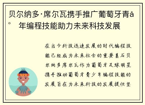 贝尔纳多·席尔瓦携手推广葡萄牙青少年编程技能助力未来科技发展