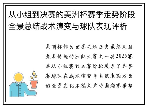 从小组到决赛的美洲杯赛季走势阶段全景总结战术演变与球队表现评析